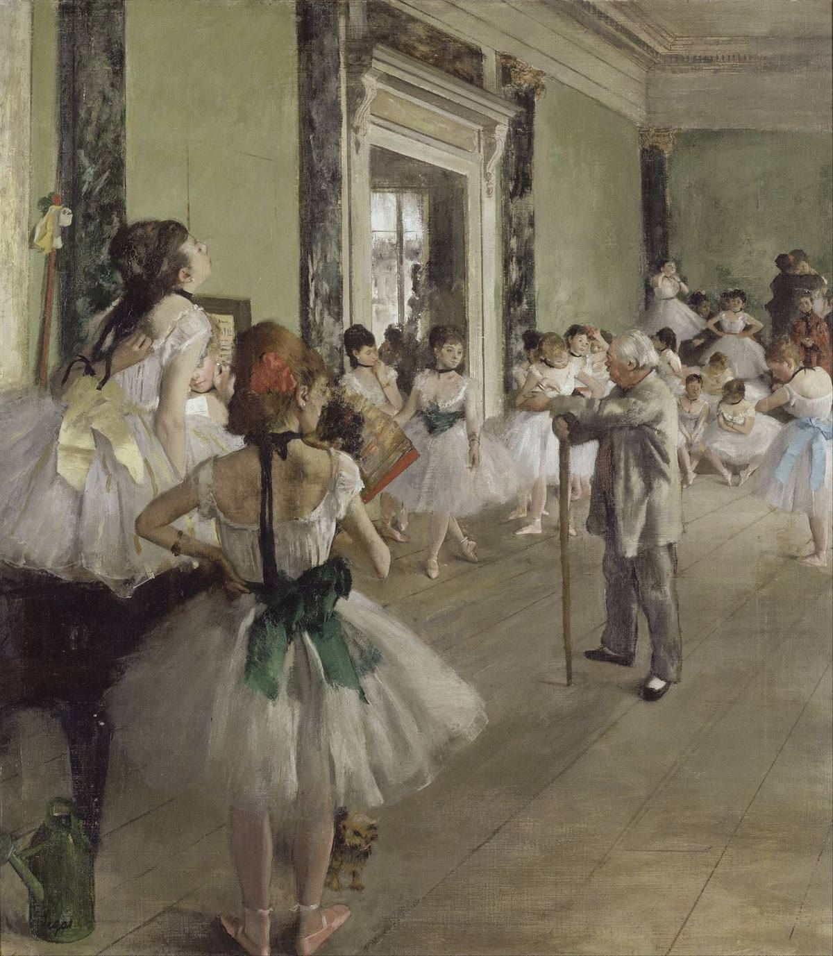 La Classe de danse d'Edgar Degas : danseuses et maître de ballet Jules Perrot au foyer de l'Opéra